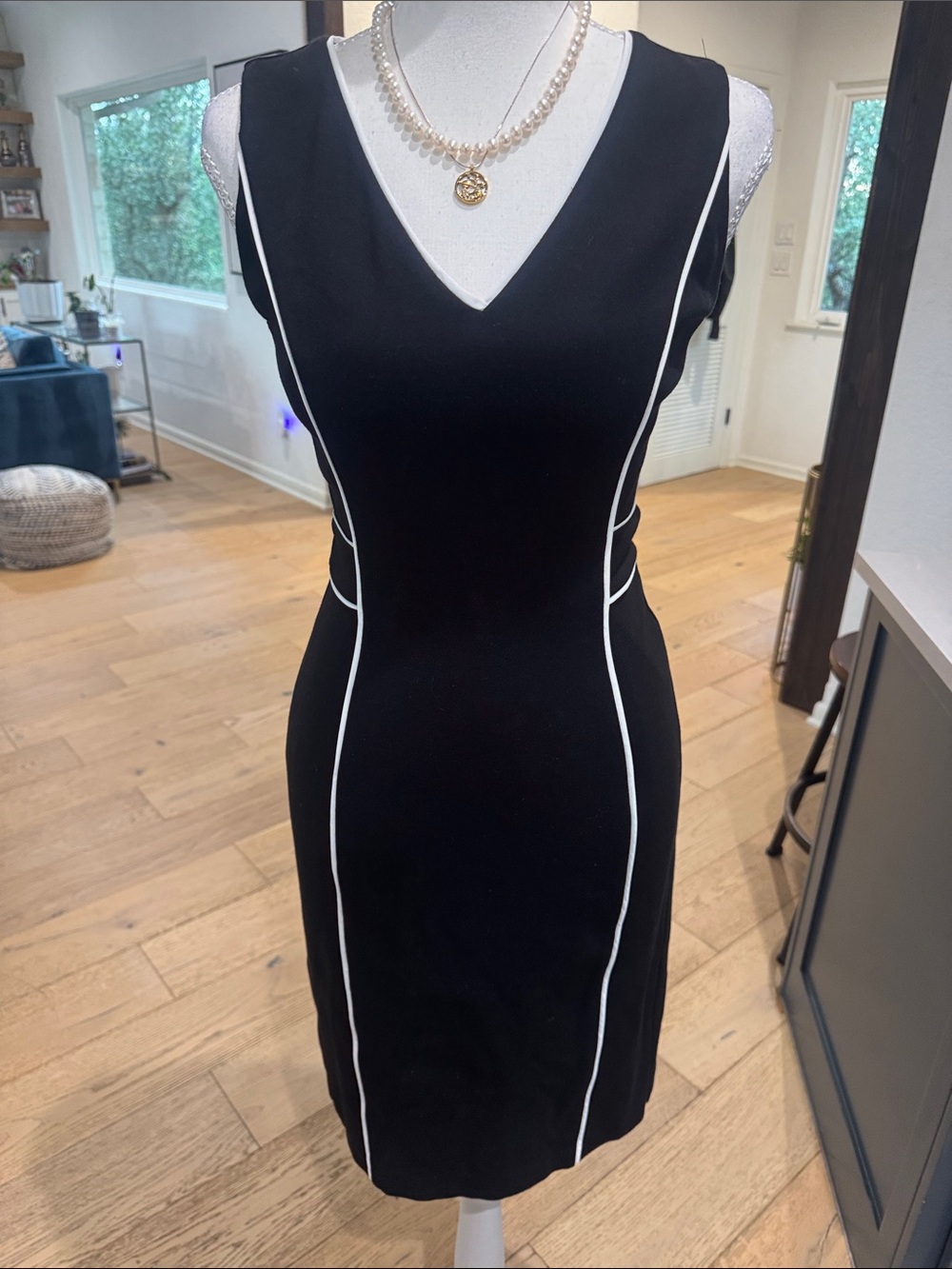 White House Black Market Black Midi Sheath Dress with White Piping Size 00
